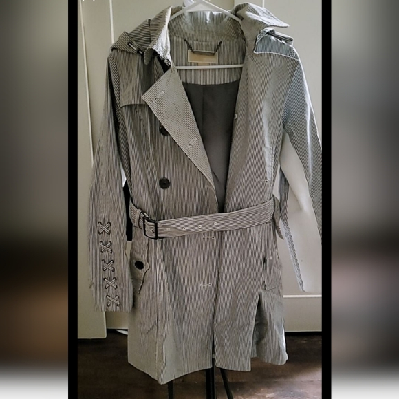 MICHAEL KORS Womens Small Classic Preppy Logo Rain Trench Coat Blue Striped - Picture 6 of 11